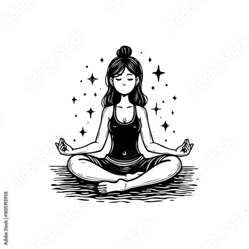Illustration of a serene woman in lotus position meditating surrounded by stars for relaxation and mindfulness