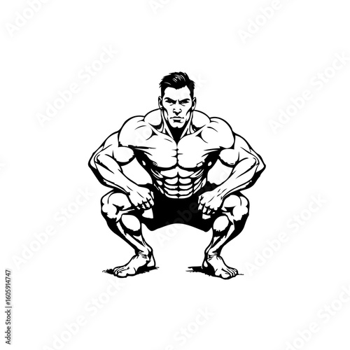 Strong muscular bodybuilder athlete doing squats, fitness training and powerful muscles, silhouette artwork with enhanced physical prowess