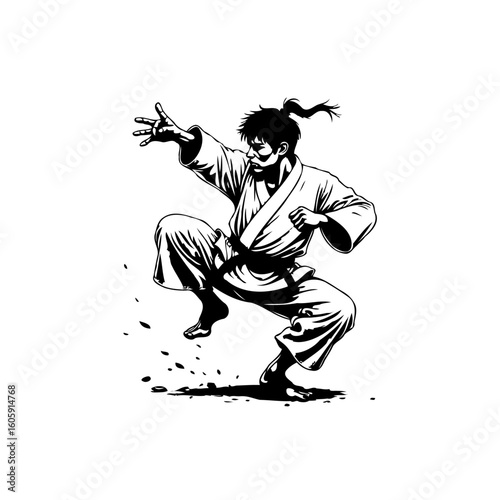 Dynamic vector illustration of a skilled martial artist in mid air executing a powerful karate stance art