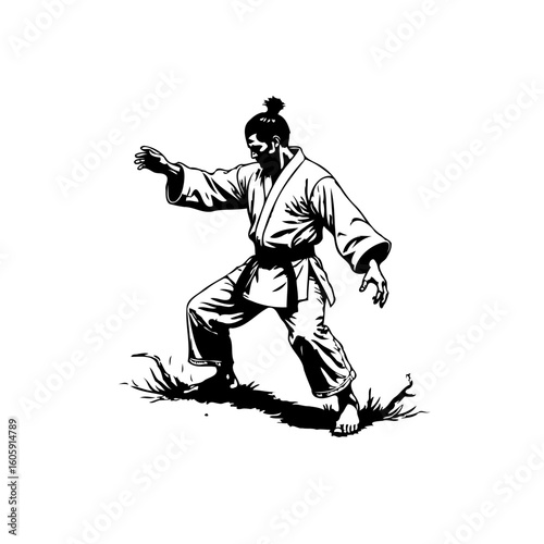 Illustrative martial artist strikes a poised stance highlighting dedication discipline and cultural embodiment through a vintage artwork