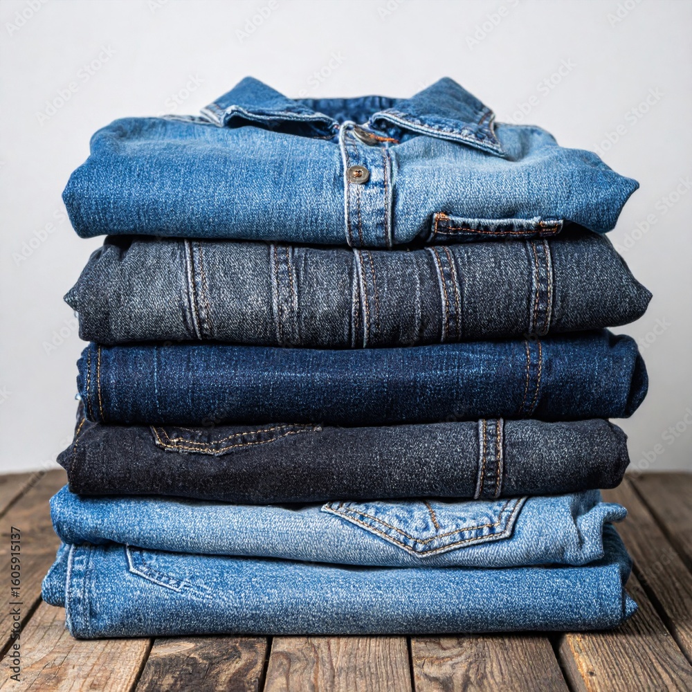 Pile of Folded Denim Jeans on Rustic Wooden Table with Neat Stacking Pile of Folded Denim Jeans on Rustic Wooden Table with Neat Stacking