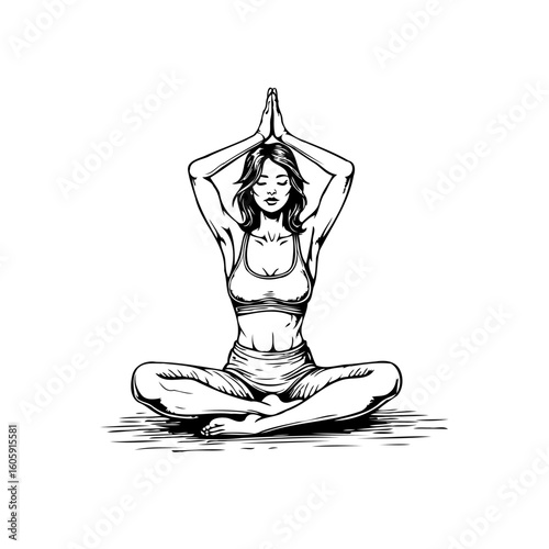 Illustration of a woman in lotus position practicing yoga focusing on mindfulness meditation for health and wellness