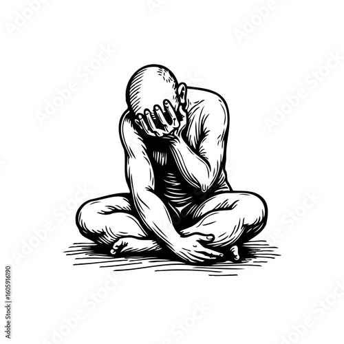 Monochrome depiction of a man sitting cross legged with his head in his hands conveying emotion