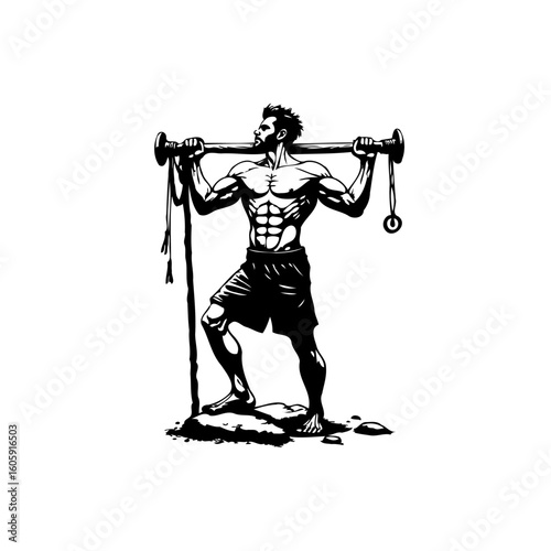 Athletic man demonstrates strength and fitness with barbell outdoor workout achieving his health goals and wellness