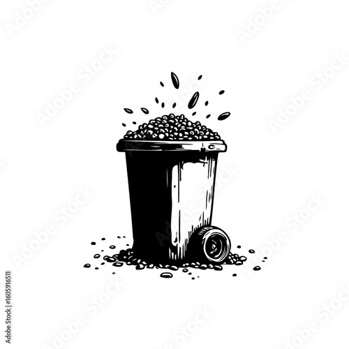 Vector illustration of overflowing trash can with coffee beans represents waste consumption and environmental issues in a minimalist style