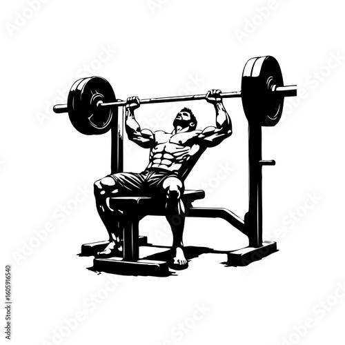 Powerful man bench pressing at the gym shows strength in a black and white illustration emphasizing muscular build