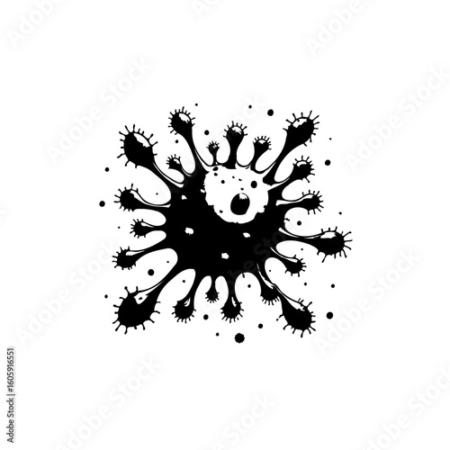 Distressed black and white illustration of a virus cell depicting the covid era pandemic danger and fear