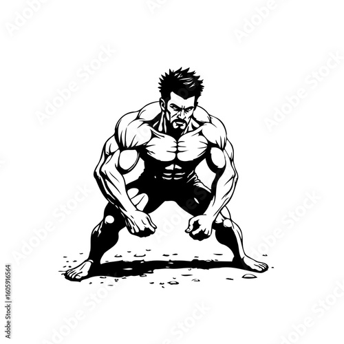 Powerful muscular man in a crouching position displaying his imposing physique and strength in black and white