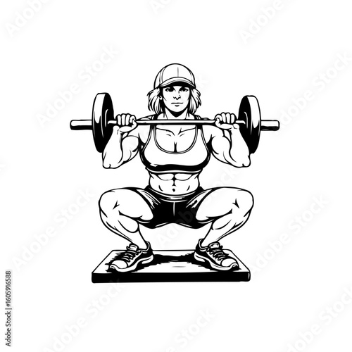 Strong female athlete vector illustration demonstrating barbell squat exercise strength training workout achieving fitness