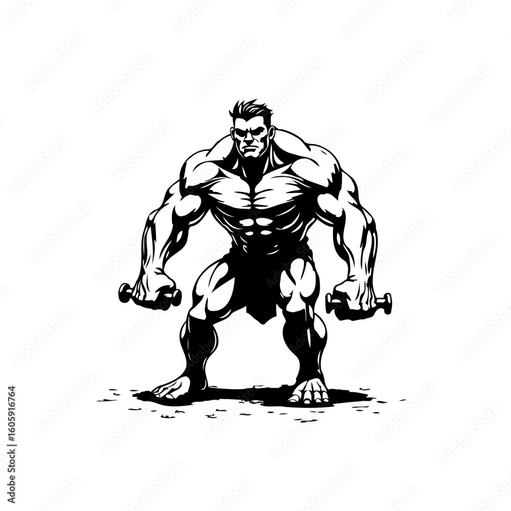 Fototapeta premium Illustrative depiction of muscular figure wielding dumbbells emphasizing strength fitness and determination in a silhouette style