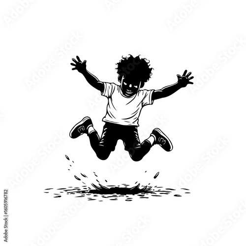 Energetic young boy silhouette jumping high in puddle illustration showcasing childhood joy and innocence
