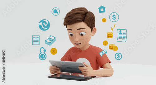 Excited young boy learning about digital finance and online banking on a tablet, with money icons floating around