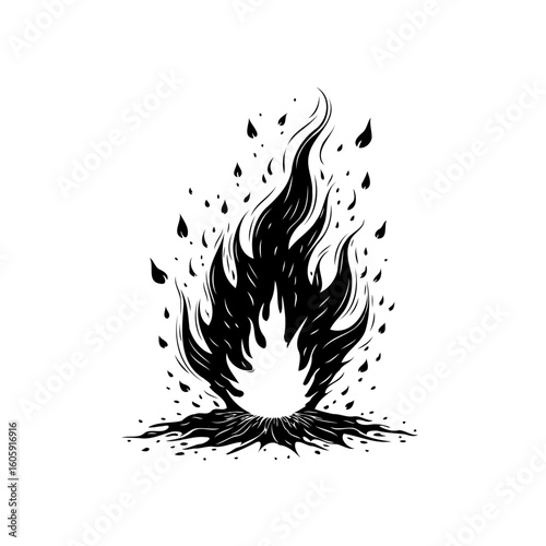 Mysterious black and white vector illustration shows a striking fire burning with intense heat isolated on a white background