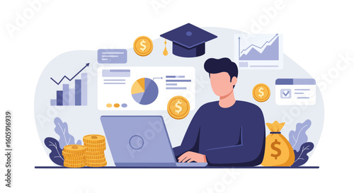 Concept of investing in education, with a student managing personal savings and a college fund online for future academic growth.