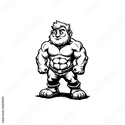 Cartoon muscular character illustration a powerful figure with exaggerated features and dynamic pose black and white illustration