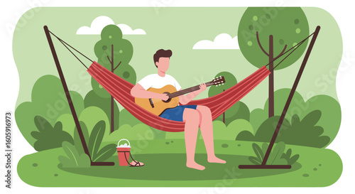 Relaxing Man Playing Guitar in Hammock Summer Day Illustration.