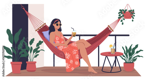 Relaxing in Hammock: Woman Sipping Drink on Balcony with Plants.