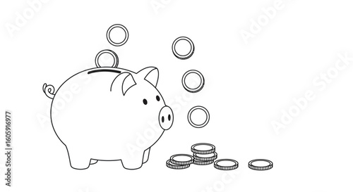 Simple line art illustration of a piggy bank with coins, symbolizing financial savings, wealth accumulation, and investment concepts.