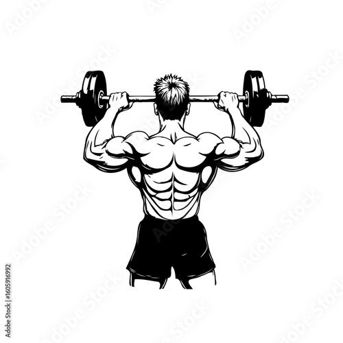 Vector illustration of a muscular man lifting a barbell overhead during a workout in the gym for strength