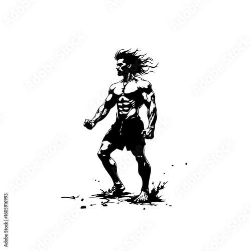 Illustration of a muscular man walking with determination, showcasing strength and a dynamic pose in black and white style