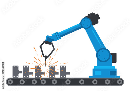 A blue robot arm welds metal pieces on a conveyor belt emitting sparks