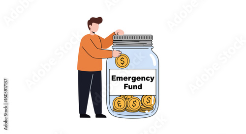 Financial planning illustration showing a man putting a gold coin into a large glass emergency fund savings jar