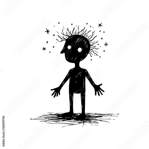 Whimsical hand drawn illustration of a quirky character with wild hair surrounded by stars and doodles