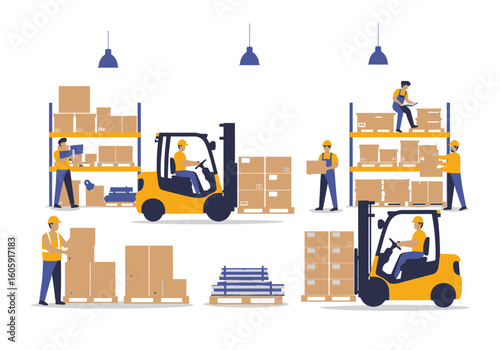 A bright warehouse scene showing workers forklifts shelves and boxes