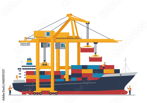 A cargo ship is being loaded with containers by a large yellow gantry crane Workers are present around the dock