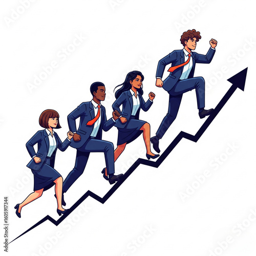 a four of diverse young people in business suits running up a rising graph.