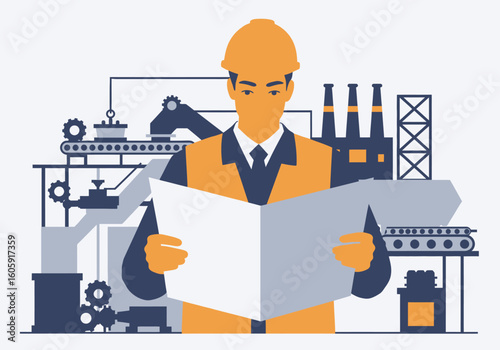 A construction worker in a hardhat reads plans against a factory backdrop
