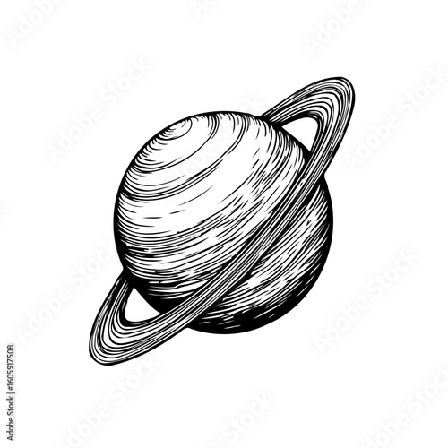 Monochrome saturn illustration with rings hand drawn space exploration astronomical science and universe isolated