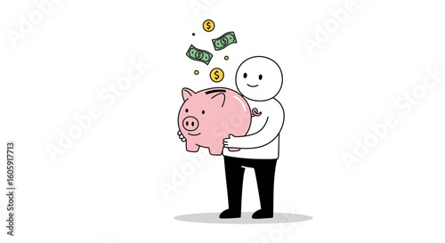 Minimalist illustration of a person putting cash and coins into a piggy bank, representing smart investment, savings, and wealth accumulation.
