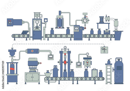 A conveyor belt system is shown with various machinery and containers
