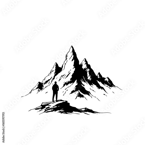 Solitary figure contemplating majestic mountains, a symbol of adventure challenge and personal growth in nature black and white