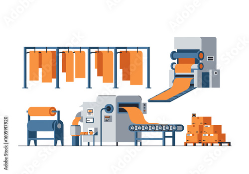 A fabric factory with machinery processing orange material into packaged goods