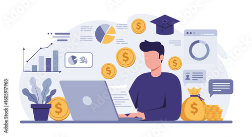Financial planning for education concept showing a person using a laptop to manage investments and student loans with graphs and money icons.