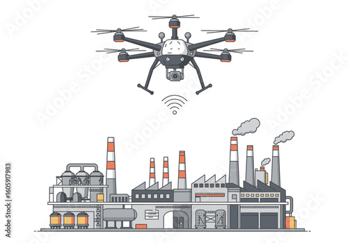 A drone hovers over a gray industrial factory with multiple chimneys and storage tanks