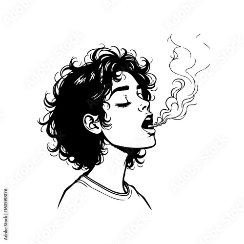 Minimalist illustration of a woman exhaling smoke: expressing freedom and individuality in a black and white design