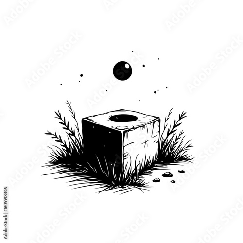 Monochromatic sphere levitating over rustic stone cube amidst flourishing vegetation in a whimsical setting