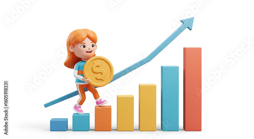 A cartoon girl climbs a financial growth bar chart with a rising arrow, holding a coin to symbolize personal investment and success.