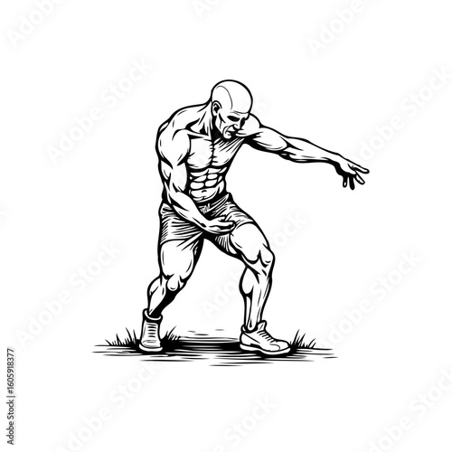 The strong muscular athlete demonstrating fitness exercise and bodybuilding with athletic stance and pose, showcasing power, training regimen