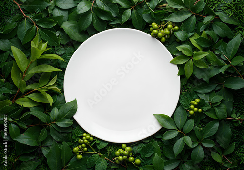 Wallpaper Mural White Empty Plate Surrounded by Green Leaves for Mockup or Copy Space 1 Torontodigital.ca