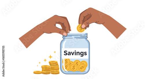 Hands depositing gold coins into a savings jar, a concept illustrating financial planning, investment growth, and wealth accumulation.