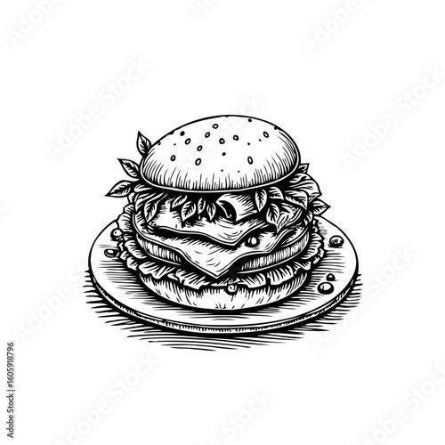 An intricate drawing of a delicious burger showcasing meticulous details and skillful artistic presentation in a minimalist style
