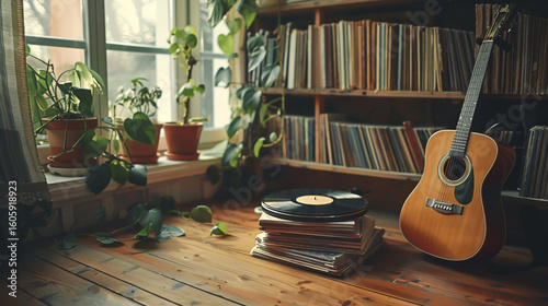 A vintage turntable spins gently beside a stack of vinyl records, while an acoustic guitar rests peacefully on a warm wooden floor — pastel tones and soft shadows complete the cozy scene
