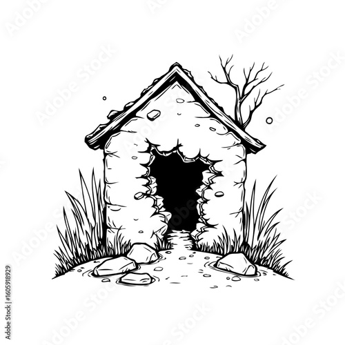 Whimsical ruined house illustration with textured details surrounded by nature a captivating artistic monochrome drawing