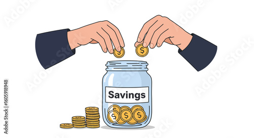 A conceptual illustration of financial planning, with two hands carefully placing golden coins into a glass savings jar to grow wealth.