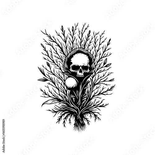 Mystical skull entwined branches, representing mortality, nature's cycle, death symbolism, and the fragility of existence in black and white