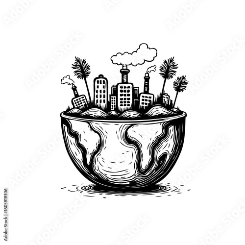 Conceptual artistic illustration of industrial city polluting earth and affecting the natural environment and sustainability with factories